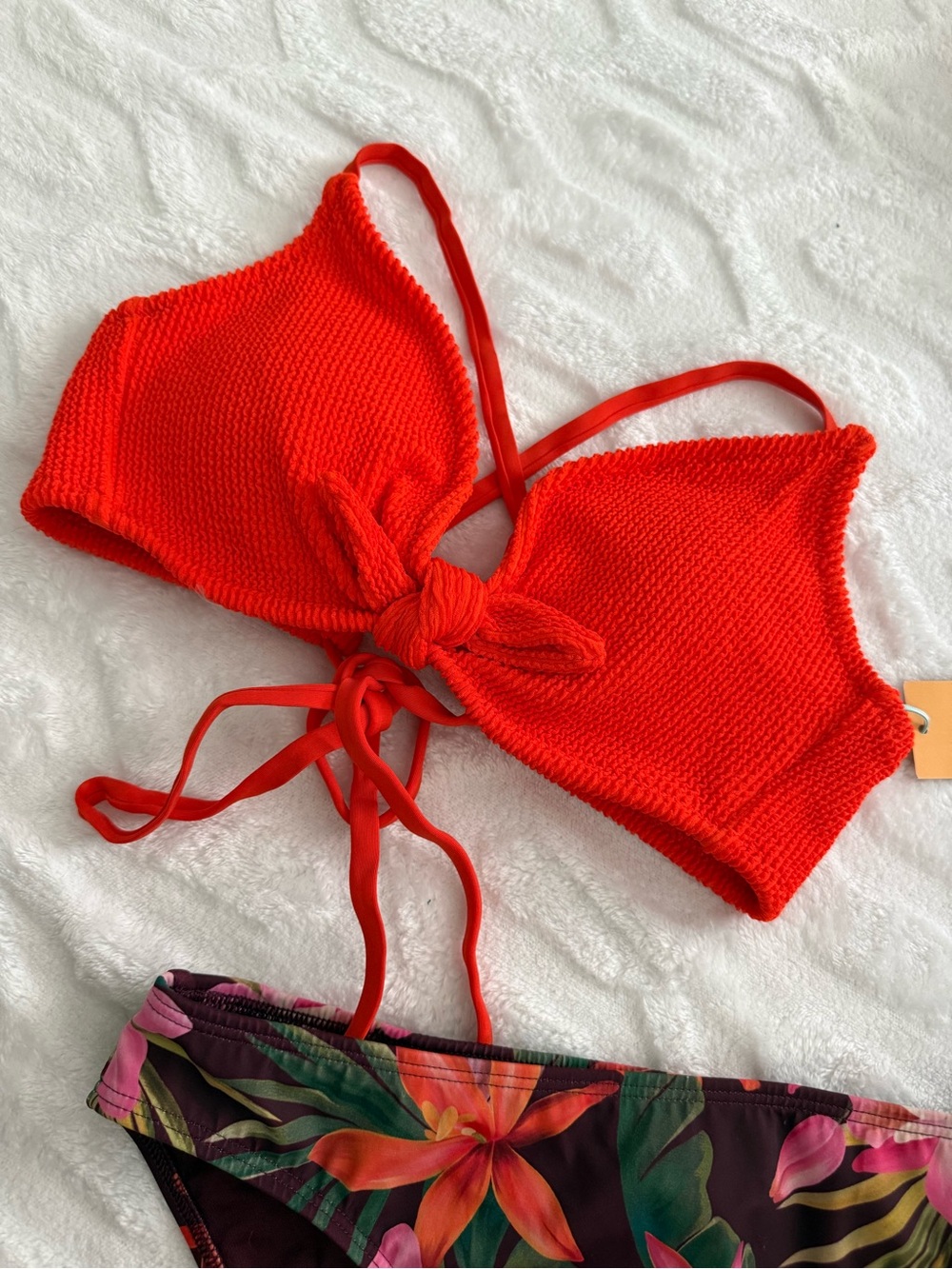 Kona Sol Textured Bow Detail Bikini Top Tomato Red-Orange Medium 8-10 NEW